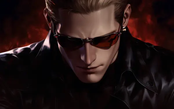 Close-up of Albert Wesker from Resident Evil 5, wearing sunglasses and a leather jacket against a fiery red background — 2K Quad HD PC desktop wallpaper.
