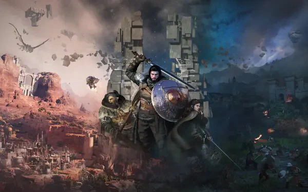 4K Ultra HD PC desktop wallpaper: Crimson Desert video game RPG fantasy battle with armored hero and allies storming a ruined fortress amid dragons and war-torn landscapes.