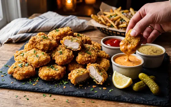 5K Ultra HD PC desktop wallpaper and background of golden chicken nuggets on a slate platter with dipping sauces, lemon, pickles and fries; hand dunking a nugget into spicy sauce.