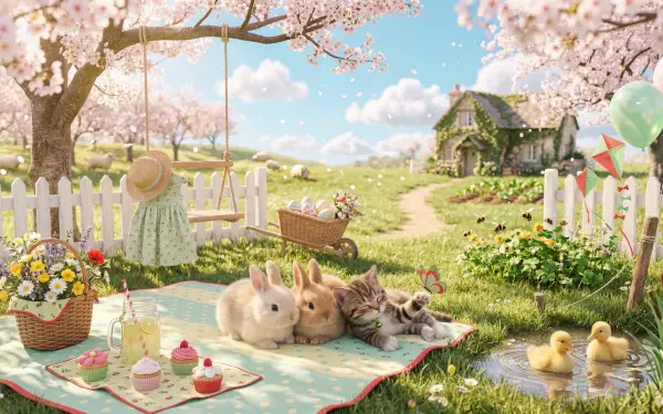Cute spring 5K Ultra HD PC desktop wallpaper: pastel picnic under cherry blossoms with bunnies, a kitten, ducklings, flowers and a cozy cottage in the distance.