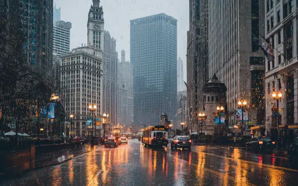 Rain-slick LaSalle Street in Chicago, Illinois, United States — urban architecture, streetcars and glowing reflections; 2K Quad HD PC desktop wallpaper/background.