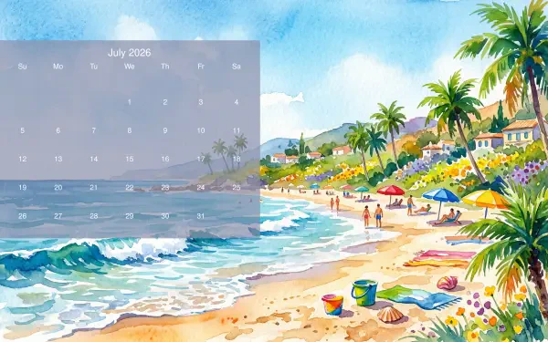 July 2026 calendar over a watercolor beach scene with palm trees, umbrellas and waves — 5K Ultra HD PC desktop wallpaper and background.