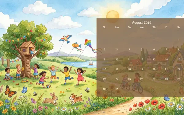 August 2026 calendar on a 5K Ultra HD PC desktop wallpaper: sunlit meadow with children playing by a treehouse, kites, butterflies, rabbits, wildflowers and rolling hills.
