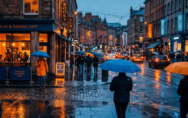 5K Ultra HD PC desktop wallpaper: rainy day city street at dusk, wet cobblestones reflecting neon lights, pedestrians with umbrellas and café glow.