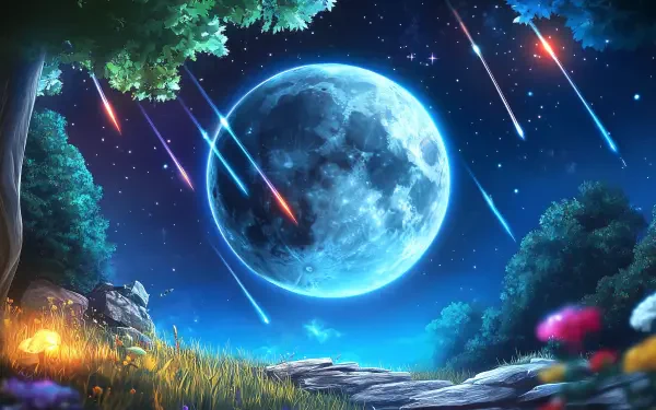 2K Quad HD PC desktop wallpaper: a fantasy landscape with a luminous full moon above a fantastic forest as a meteor shower streaks across a starry sky.