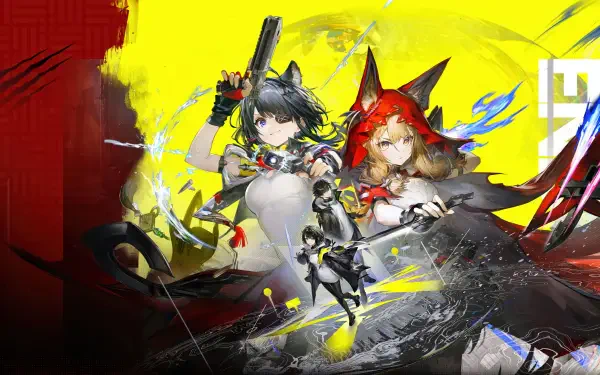 4K Ultra HD PC wallpaper of the video game Arknights: Endfield featuring Tangtang and Rossi in dynamic battle poses against a vivid yellow and red backdrop.