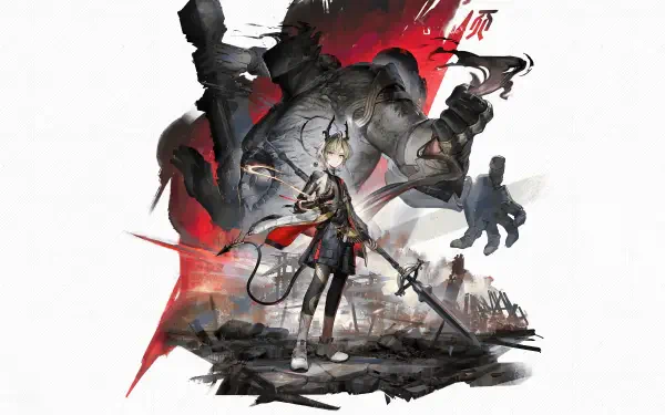 4K Ultra HD PC desktop wallpaper: Arknights: Endfield video game character wielding a long spear stands amid a ruined cityscape with red accents, a towering shadowy guardian looming behind.