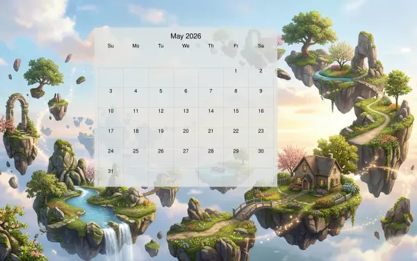 May 2026 calendar over a 5K Ultra HD PC desktop wallpaper: fantasy floating islands with waterfalls, winding paths and a cottage, soft sky and sunlight.