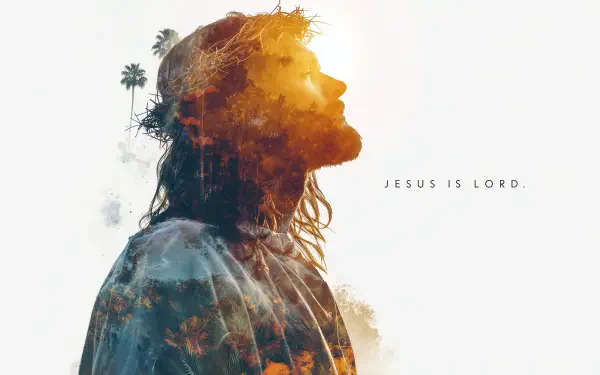 Double-exposure 2K Quad HD desktop wallpaper of Jesus in profile, layered with landscapes and sunlight, minimalist white background with centered text JESUS IS LORD.