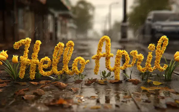 2K Quad HD PC desktop wallpaper: Hello April spelled in yellow tulip blooms on a rain-slick sidewalk, fallen leaves and puddles reflecting soft spring light.