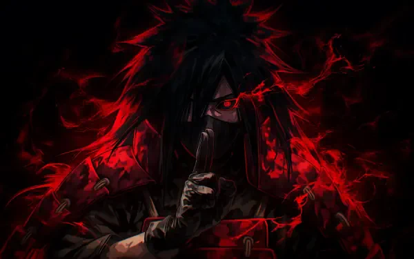 Madara Uchiha (Naruto) in red-and-black, Sharingan glowing, dark cloak and swirling red chakra—2K Quad HD PC desktop anime wallpaper/background.