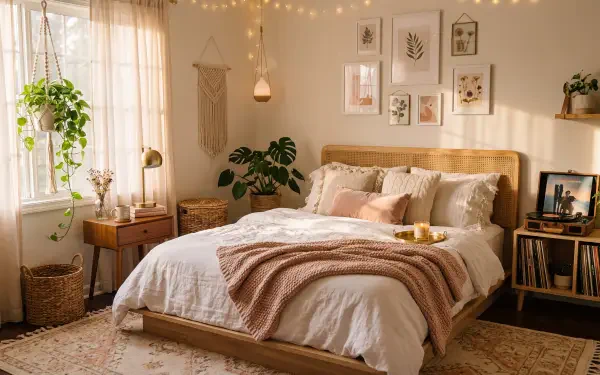 Aesthetic bedroom in warm neutrals with layered bedding, plants, macramé and string lights — 5K Ultra HD PC desktop wallpaper and background.