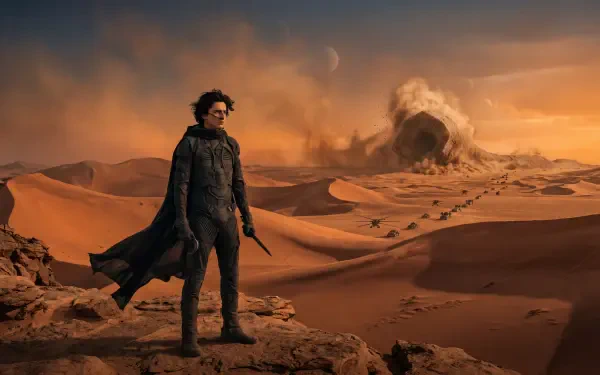 Dune (2021) 5K Ultra HD PC desktop wallpaper/background: lone figure in a dark coat on a rocky dune, tracks leading to a sandworm erupting beneath an orange, moonlit desert sky.