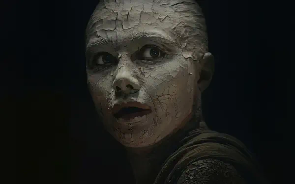 Close-up of a cracked, clay-like face in shadow from the movie Dune: Part Three, 2K Quad HD PC desktop wallpaper and background.