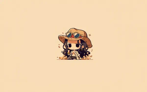 Chibi Nico Robin (One Piece) anime AI art — wearing a straw hat and goggles, centered on a minimalist beige 2K Quad HD PC desktop wallpaper.