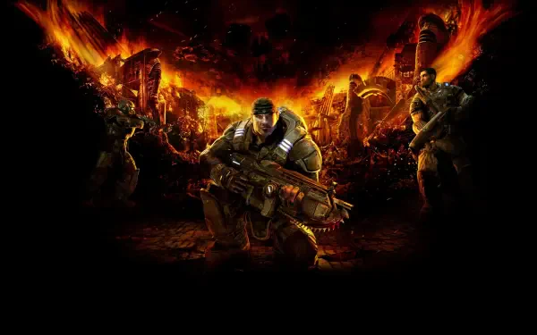 Gears of War 2K Quad HD PC desktop wallpaper/background: battle-hardened soldiers clutching heavy firearms crouch amid flames and a ruined cityscape.