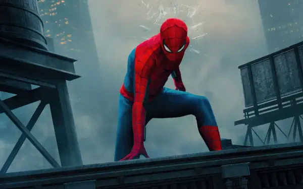 Spider-Man: Brand New Day — Spider-Man crouches on a foggy rooftop beside water towers with a distant city skyline, 4K Ultra HD PC desktop wallpaper background.