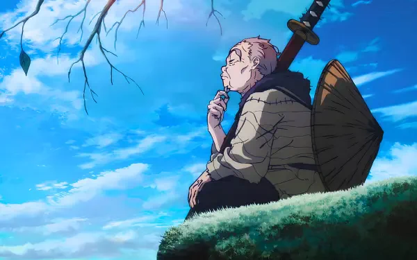 Hell's Paradise anime samurai sensei sits pondering on a mossy cliff with sword and straw hat, serene sky behind him — 4K Ultra HD PC desktop wallpaper background.