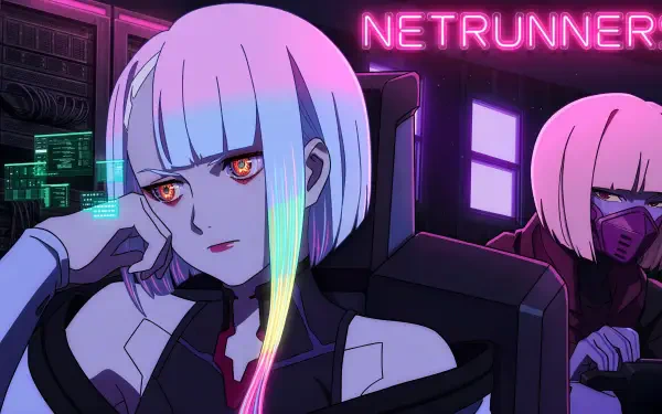 5K Ultra HD PC desktop wallpaper background: Cyberpunk: Edgerunners — Lucy and Kiwi as neon-lit anime hacker girls in a dark netrunner cockpit, glowing eyes and holographic cityscapes.