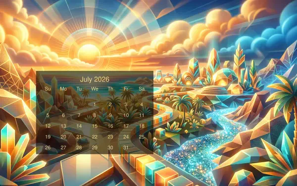 July 2026 calendar overlaying a vibrant 5K Ultra HD PC desktop wallpaper: geometric crystalline sunrise over palm trees and a sparkling river winding through faceted mountains.