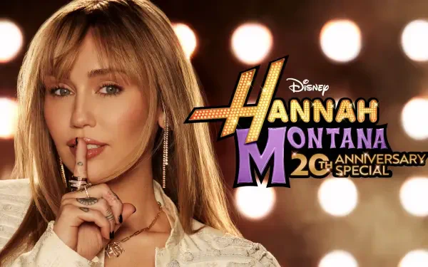 2K Quad HD PC desktop wallpaper for the TV show Hannah Montana 20th Anniversary Special, showing the Hannah Montana character with finger to lips against bright stage lights.