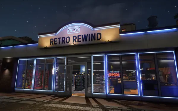 Neon-lit Retro Rewind video store at night, storefront and display windows — HD PC desktop wallpaper for Retro Rewind: Video Store Simulator (simulation game background).