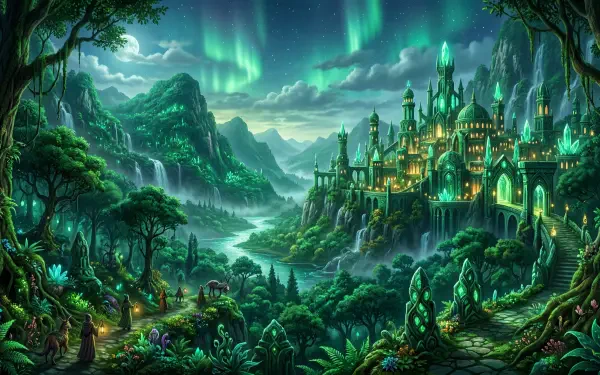 5K Ultra HD PC desktop wallpaper: fantasy emerald-green castle perched beside misty mountains, glowing towers and lush forest under an aurora-lit sky.