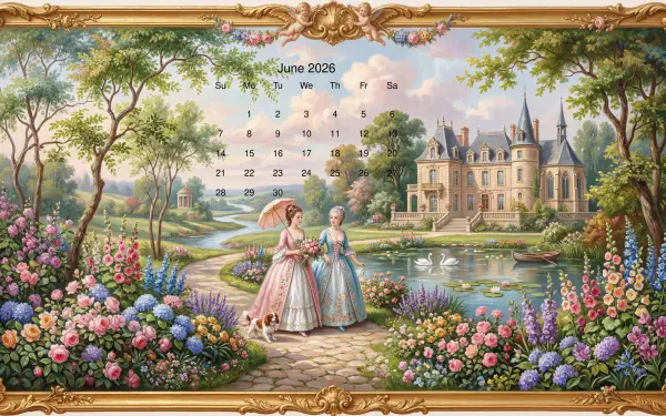 June 2026 calendar 5K Ultra HD PC desktop wallpaper: ornate framed pastoral scene with two women in 18th-century dresses by a flowered pond, swans and a château in the background.