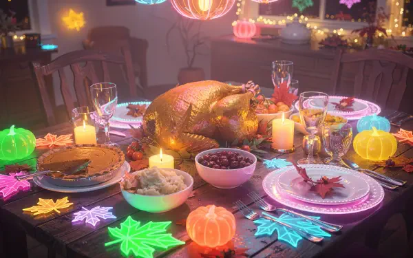 Aesthetic Thanksgiving table with golden roast turkey, pie, candles and colorful neon leaf lights — 4K Ultra HD PC desktop wallpaper/background evoking warm, cozy holiday ambiance.