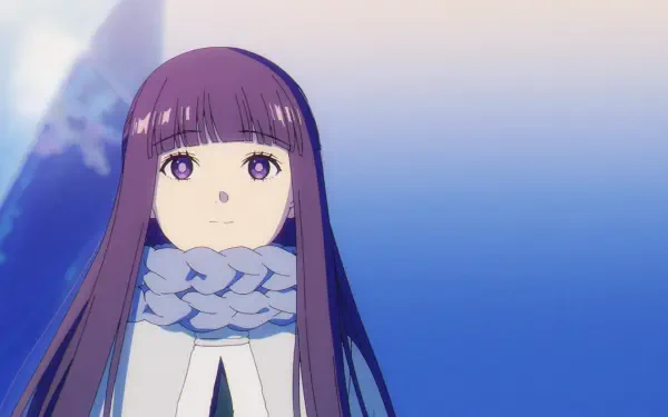 HD PC desktop wallpaper of Fern from Frieren: Beyond Journey's End — anime close-up with long purple hair, violet eyes and a chunky braided scarf against a soft blue sky background.