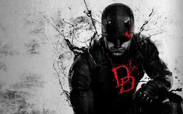 Daredevil: Born Again 4K Ultra HD PC desktop wallpaper — gritty black-and-white portrait of masked Daredevil with a red DD chest emblem and a single red glowing eye.