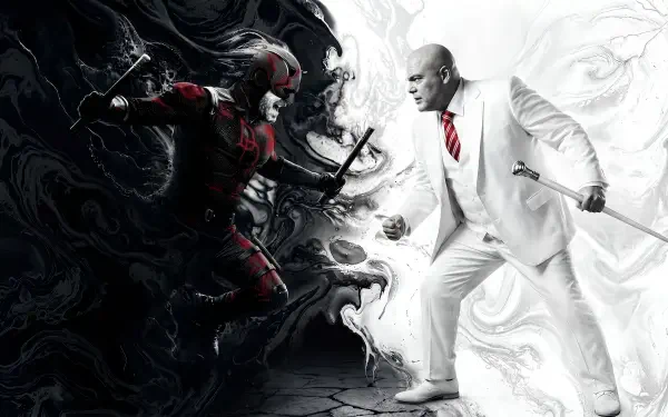 Daredevil: Born Again 2K Quad HD PC wallpaper — red-clad Daredevil faces a white-suited adversary amid swirling black-and-white smoke, both poised to strike.