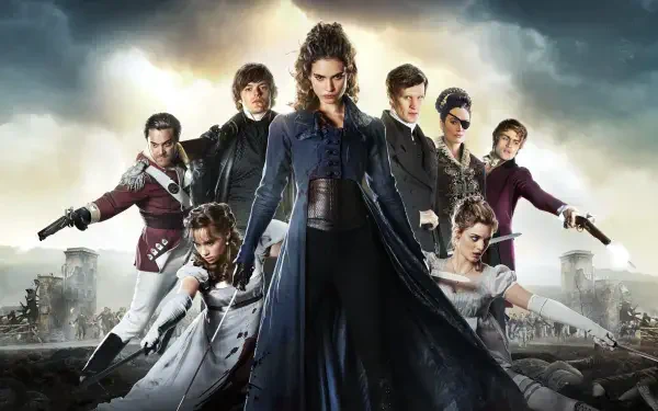 Pride and Prejudice and Zombies 4K Ultra HD PC desktop wallpaper: regency-era warriors in coats and gowns, swords and pistols raised against a smoky, ruined city skyline.