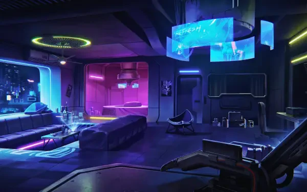 Cyberpunk: Edgerunners–style neon futuristic anime aesthetic room with holographic displays, blue-magenta glow and sleek furniture — 5K Ultra HD PC desktop wallpaper/background.