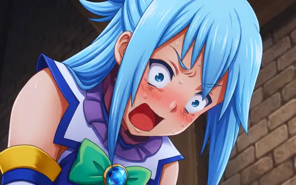 Aqua from KonoSuba, blushing with wide eyes and open mouth in a comedic anime girl reaction — 5K Ultra HD PC desktop wallpaper/background.
