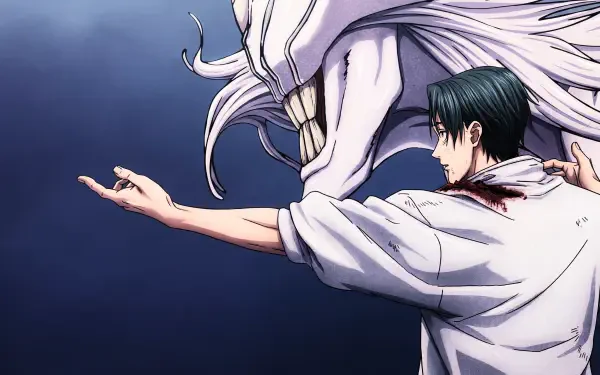 Jujutsu Kaisen 3rd Season: Yuta Okkotsu with Rika looming behind him, wounded shoulder against a dark blue backdrop — 5K Ultra HD PC desktop anime sorcerer wallpaper.