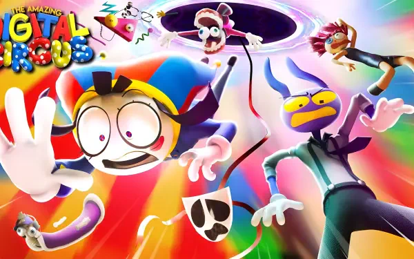Vibrant 2K Quad HD PC wallpaper from TV show The Amazing Digital Circus, showing Pomni, Caine (TADG) and Jax (TADG) tumbling through a colorful, chaotic digital void.