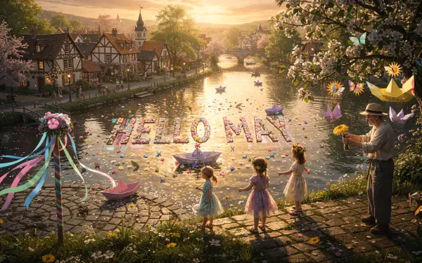 4K Ultra HD PC desktop wallpaper: sunlit riverside village at golden hour, children launching paper boats that spell HELLO MAY on the water, cherry blossoms and festive ribbons.