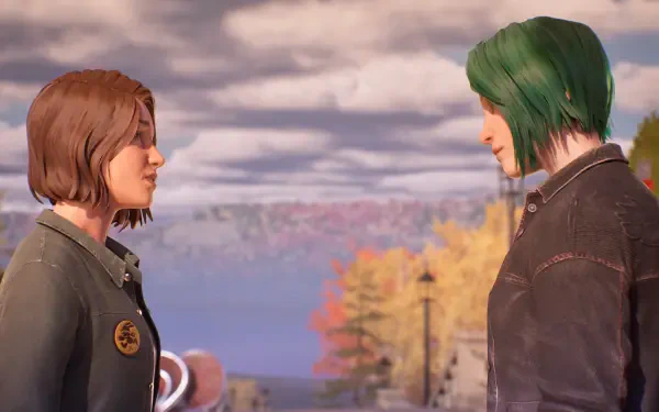 Video game Life is Strange: Reunion 4K Ultra HD PC desktop wallpaper showing two characters facing each other on an autumn waterfront overlook.