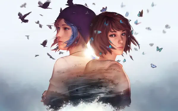 Video game 4K Ultra HD PC desktop wallpaper — Life is Strange: Reunion art of two young women back-to-back, birds and butterflies swirling around them in soft painterly light.