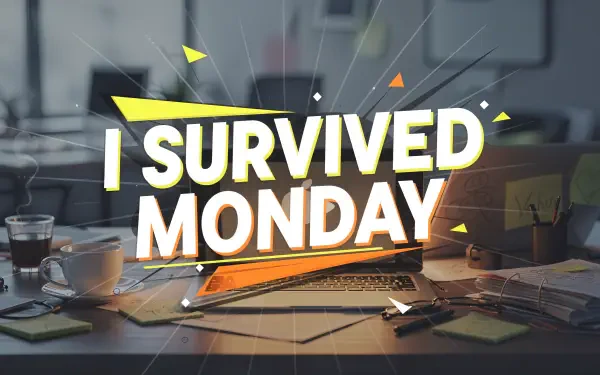 Bold I SURVIVED MONDAY text over a messy desk with laptop, coffee and scattered papers — 4K Ultra HD PC desktop wallpaper and background.