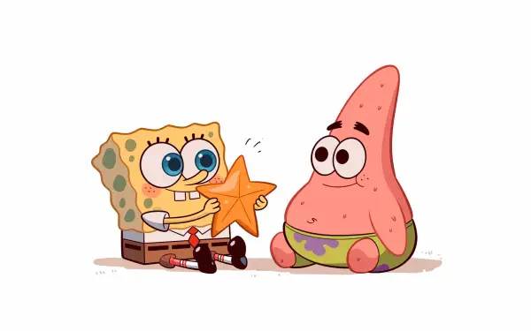 Cute 2K Quad HD PC desktop wallpaper of cartoon characters SpongeBob SquarePants and best friend Patrick Star sitting as SpongeBob offers a starfish, both smiling