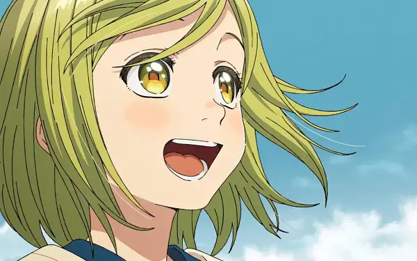 HD PC desktop wallpaper showing Coco from Witch Hat Atelier — an anime close-up of her smiling with windblown hair against a bright blue sky.