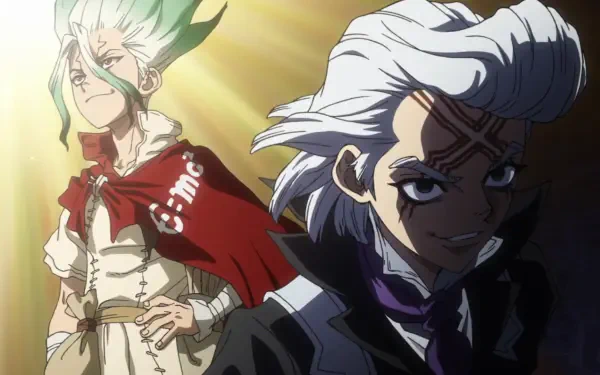 HD PC desktop wallpaper of Dr. Stone’s Senku Ishigami and Dr. Xeno, posed back-to-back with dramatic lighting and intense expressions.