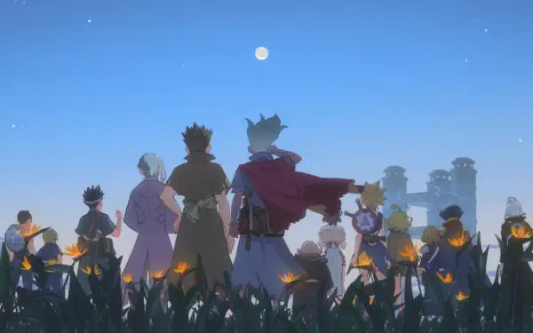 Anime Dr. Stone HD PC desktop wallpaper background: characters stand with backs to viewer in a moonlit field of glowing flowers, silhouettes against a clear dusk sky and distant ruins.