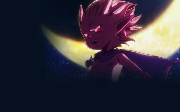 Sand Land 4K Ultra HD PC desktop wallpaper: a mysterious purple, spiky-haired figure with glowing red eyes and flowing cape silhouetted against a bright crescent moon.