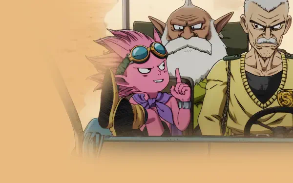Sand Land 4K Ultra HD PC wallpaper: three characters in a vehicle — a pink goggle-wearing imp gesturing, a white-bearded elder, and a stern driver against a sandy backdrop.