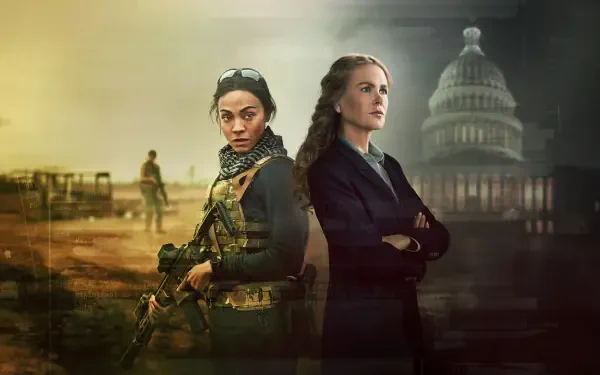 Special Ops: Lioness 4K Ultra HD PC desktop wallpaper and background: two women - one in tactical gear with rifle, one in a suit - stand before a moody skyline and the U.S. Capitol.