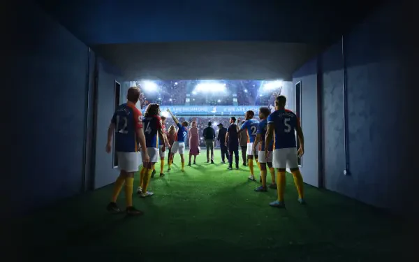 Ted Lasso–themed 4K Ultra HD PC desktop wallpaper: soccer players walk through a tunnel into a brightly lit stadium, ready for kickoff.