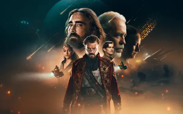 Foundation 4K Ultra HD PC desktop wallpaper: dramatic ensemble of sci‑fi characters in ornate costumes against a glowing, star-filled cosmic skyline with ships and streaking light trails.